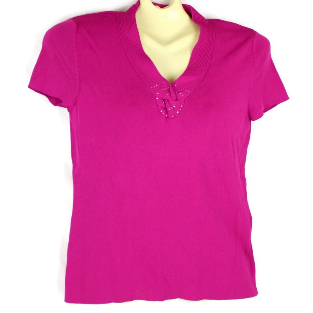 Fuchsia Knit Short Sleeve Beaded Top Bay Studio Twisted V Neck Petite